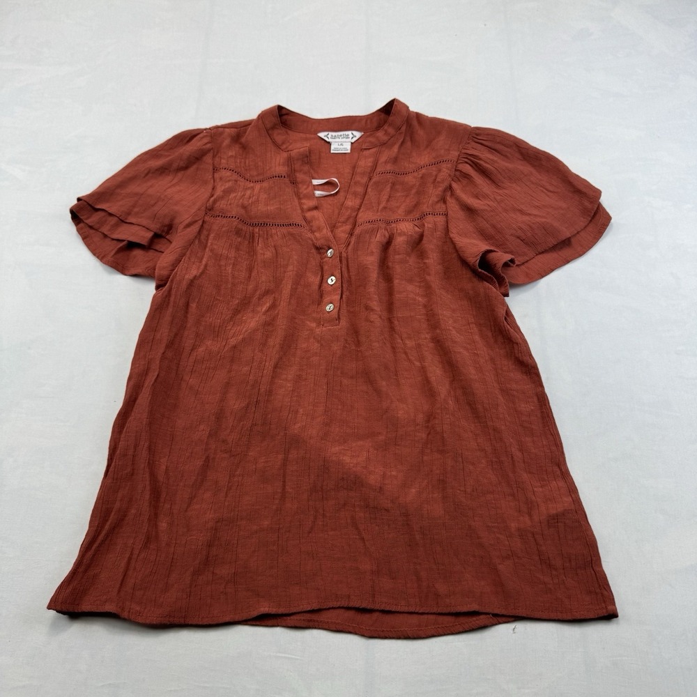 Nanette Lepore Blouse Women's Large Rust Orange Smocked Boho Peasant 3/4 Sleeve